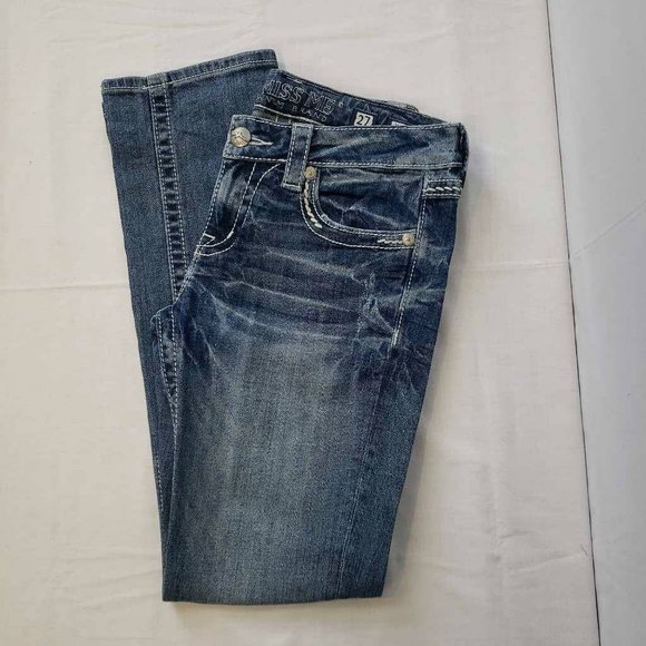 Miss Me Womens Easy Cropped Straight Leg Jeans Blue Thick Stitch Embellished 27 - Picture 9 of 13